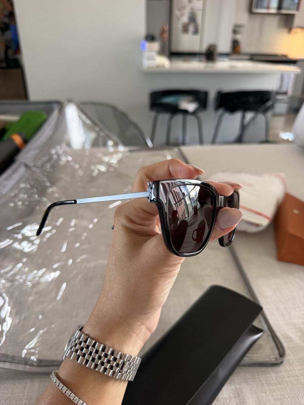 Saint Laurent YSL Black Square Sunglasses Silver Metal Temples